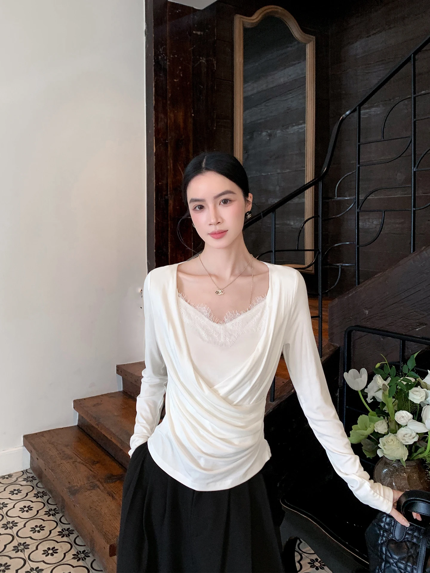 

Binguo Women's White Lace Insert Slim Fit Knitwear Cross Ne Design Casual Sle Long Sve Breathable Spring New Arrivals