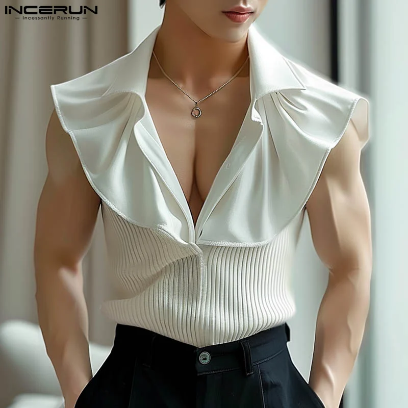 

INCERUN Men Shirt Sleeveless Suimmer Tank Fashion Ruffles Lapel Top Streetwear Party Chemise Men Clothing Patchwork Tee Oversize