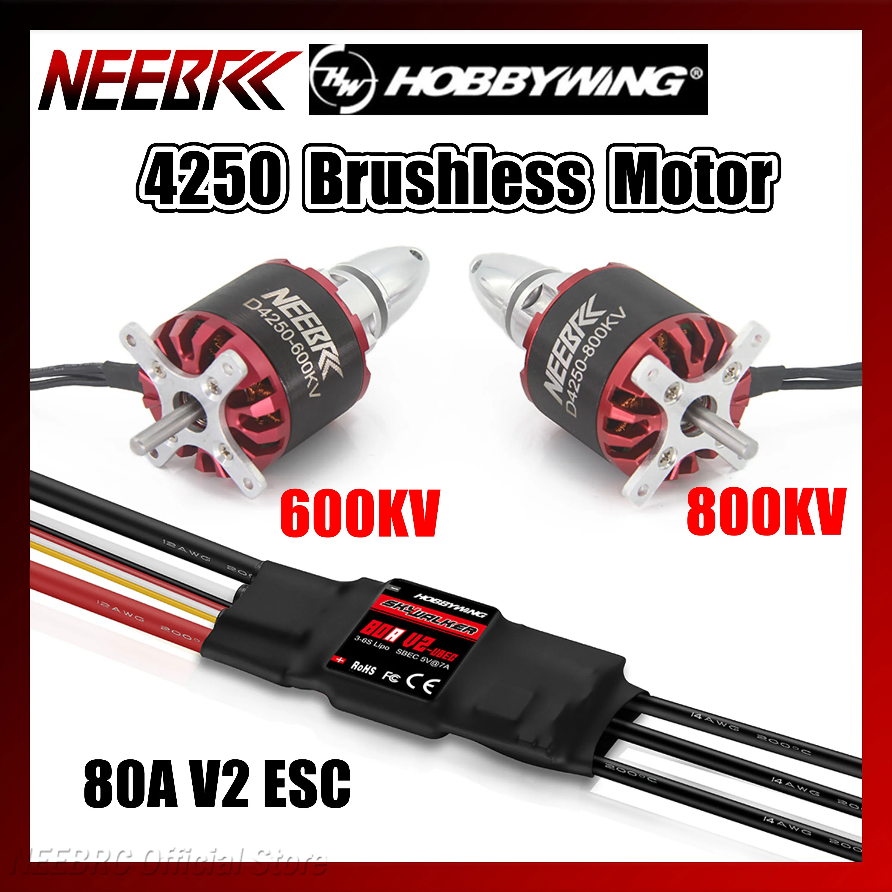 Moteur Brushless NEEBRC 4250 600KV 800KV 3-7S avec contrôleur de vitesse HOBBYWING Skywalker 80A V2 ESC pour drone FPV RC, avion, modèle