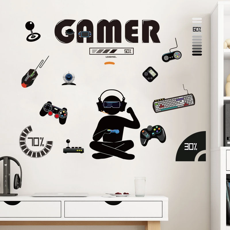 Level up Gamer Zone Cartoon Gaming Theme Wall Decals Puzzle Game Character Cool Boy Vinyl Stickers Home Decoration for Kids Room