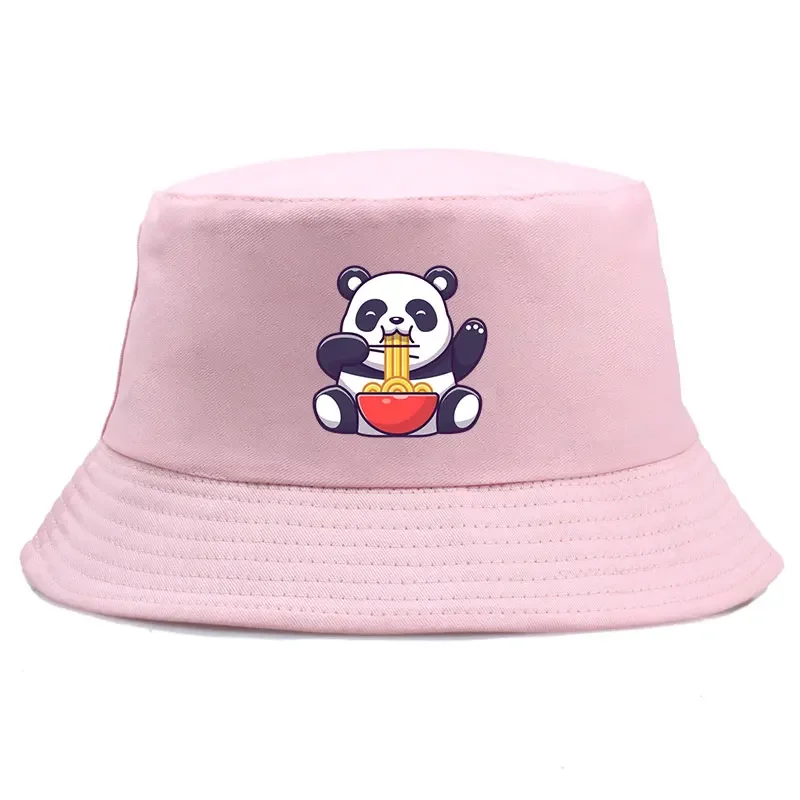 Panda Eating Noodles Pattern Reversible Bucket Hat Summer Outdoor Panama Fishing Cap Boy Sun Visor Hat Male Sun Fisherman Cap