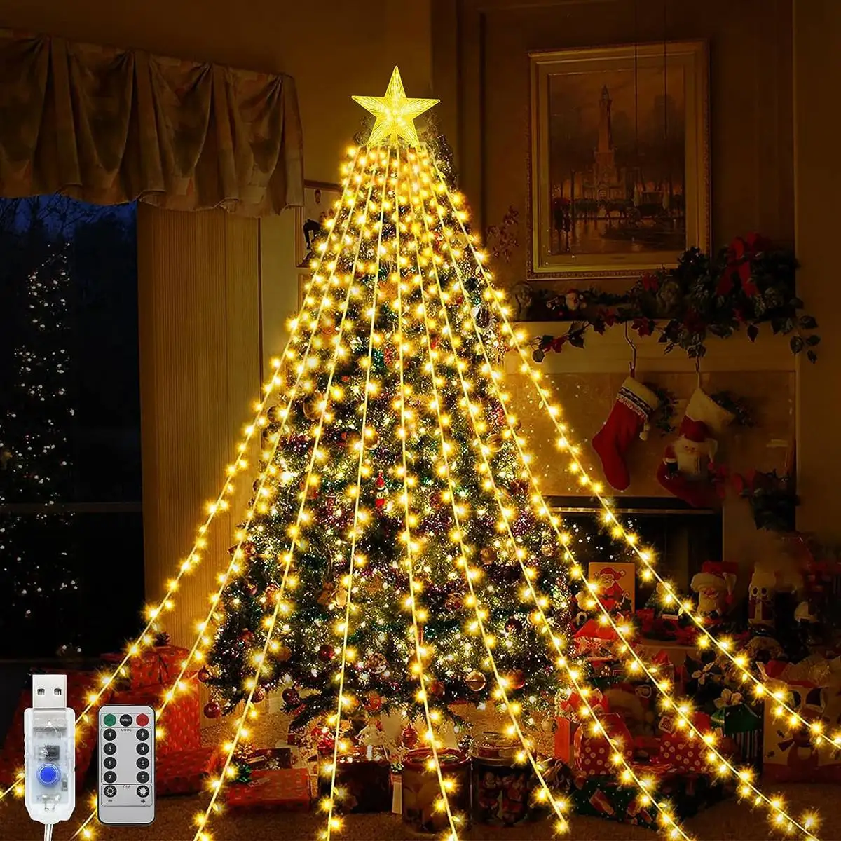 1PC 198 LED Star Waterfall Lights z 8 trybami zasilania USB i zdalnego sterowania Światło kempingowe Wewnętrzne zewnętrzne świąteczne światła sznurkowe