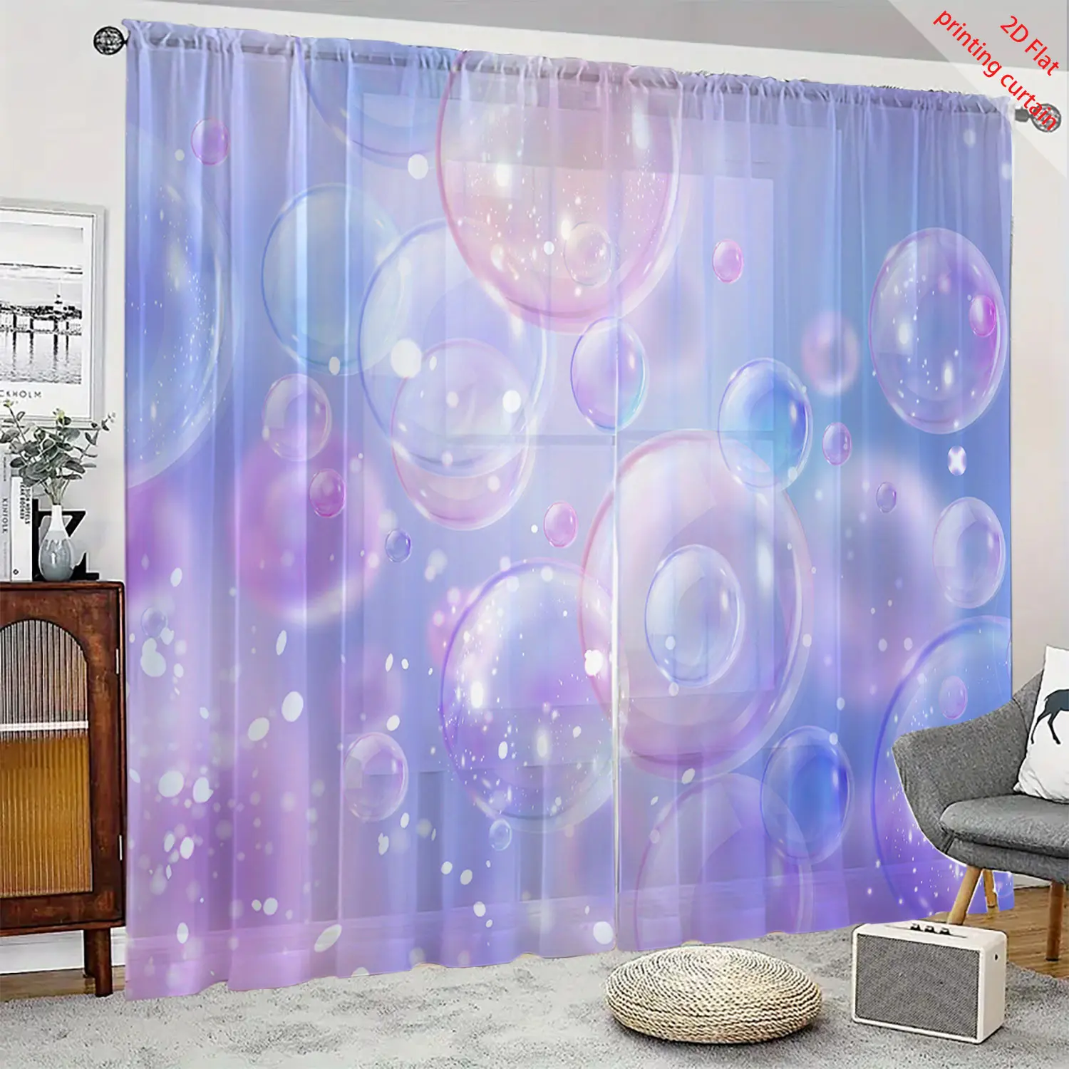 Dreamy bubble printed gauze curtain, gradient transparent curtain, home, office, dormitory living room balcony window decoration