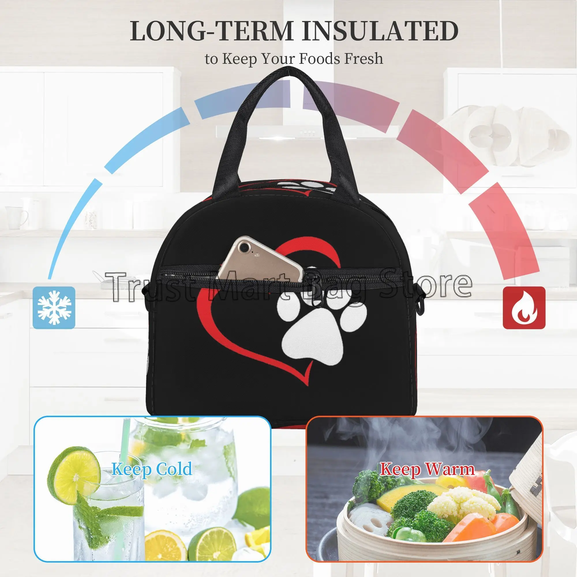 Dog Paw Insulated Lunch Bag for Kids Women Red Love Heart Puppy Paw Lunch Box with Shoulder Strap Resuable Thermal Bento Bag