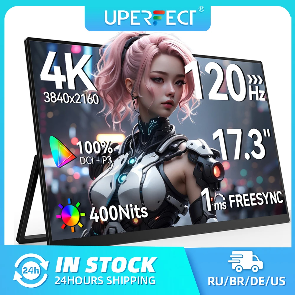 شاشة UPERFECT المحمولة 4K مقاس 17.3 بوصة، سطوع 400 شمعة/متر مربع، 100% DCI-P3، 1 مللي ثانية، مزامنة مجانية، 120 هرتز، شاشة ألعاب مع منفذ HDMI صغير من النوع C لأجهزة الكمبيوتر المحمولة والهواتف وأجهزة ماك ووحدات التحكم