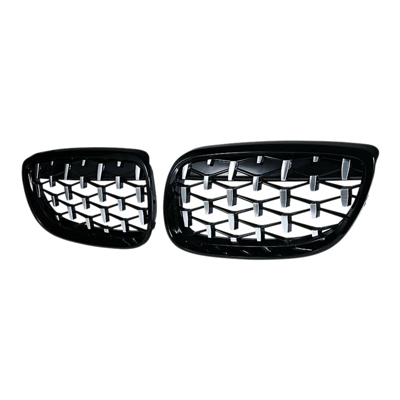 New-2Pcs Car Front Bumper Hood Kidney Grille Diamond Meteor Racing Grill Chrome+Black For -BMW 3 Series E90 2009-2012