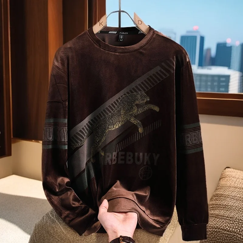 

Golden Velvet Hoodie Men's Round Neck Autumn/Winter New Casual Handsome Long Sleeve T-shirt Printed Bottom Shirt Trendy