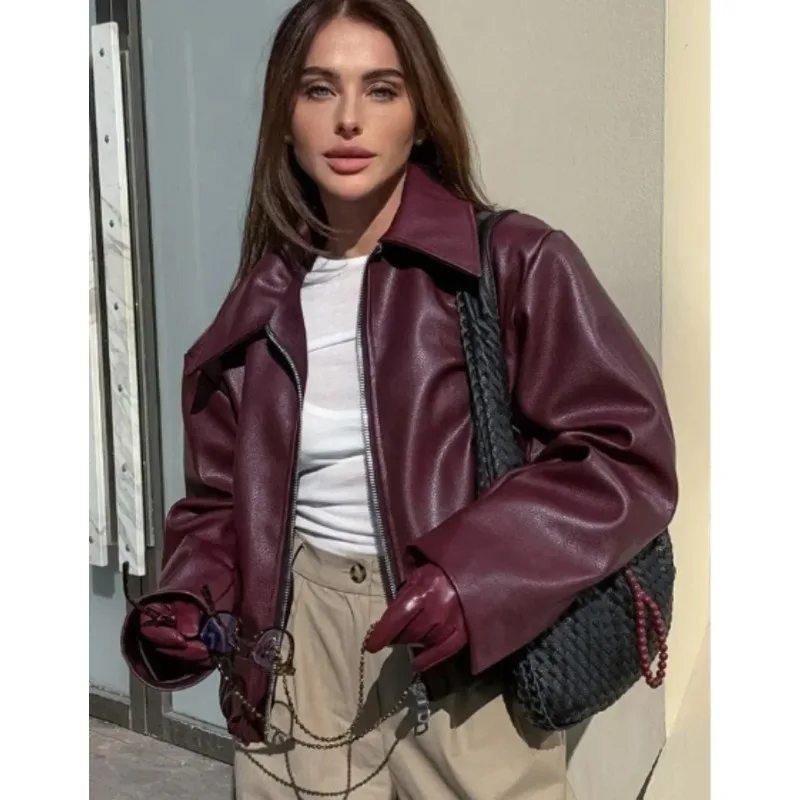 Vintage Burgundy Leather Bomber Jacket Women Long Sleeves Zippers Crop Matte PU Female Coat 2026 New Loose Ladies Streetwear