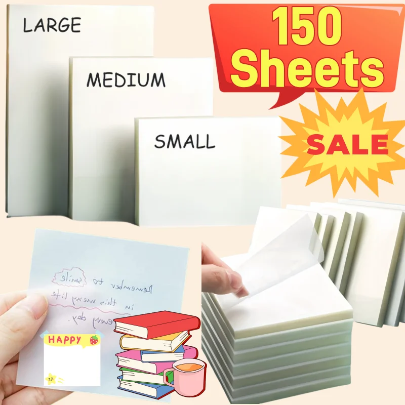 150 Sheets PET Transparent Sticker Perspective Waterproof Transparent Self-Adhesive Notepad School Office Supplies Stationery