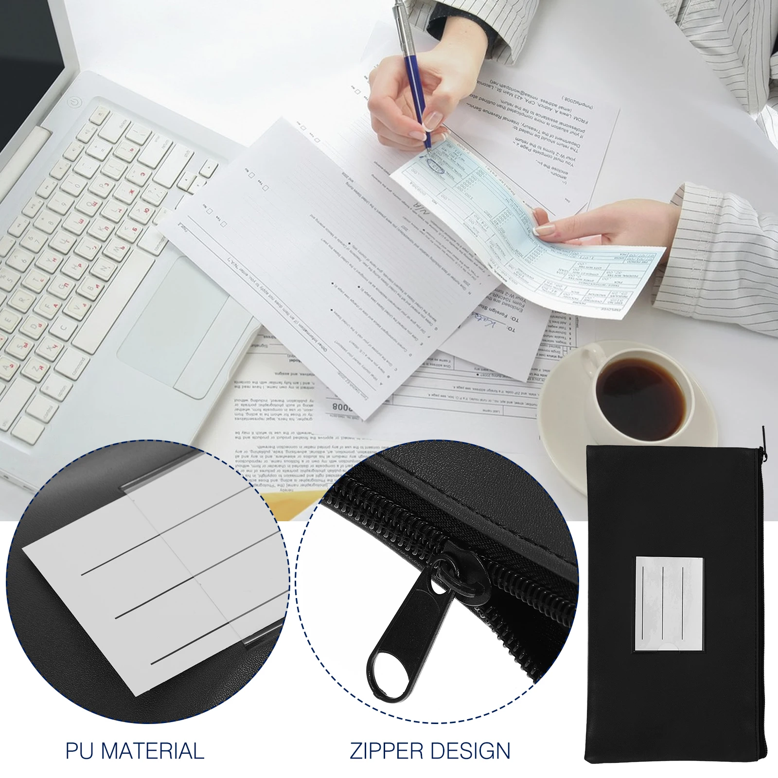 

PU Note Bag Storage Cash Bags for Money Envelope Receipt Pouch Black Zipper Pouches Documents Passport Holder Small