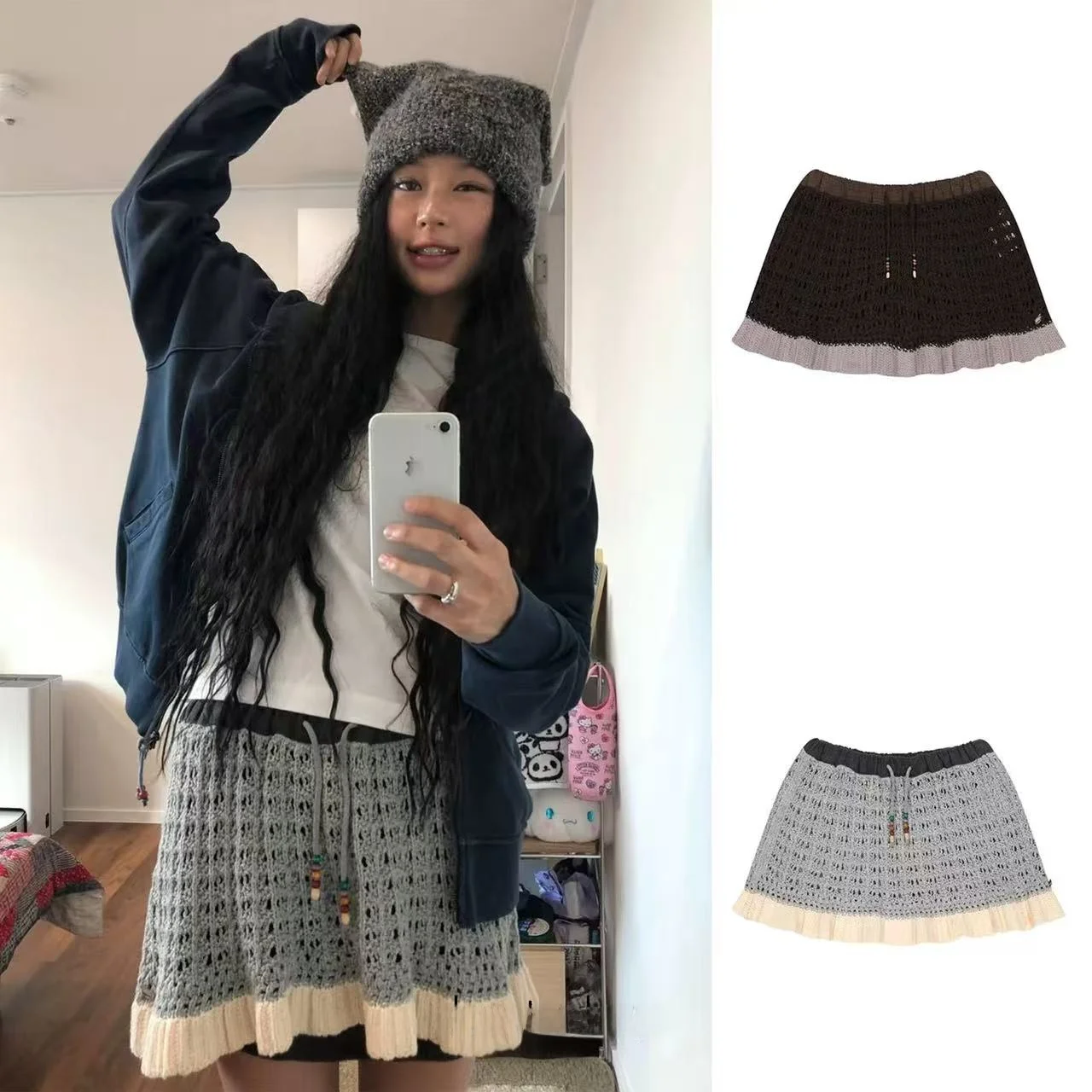 

Вязаная юбка в стиле ретро с эластичной резинкой на талии и кружевной отделкой. Женская повседневная юбка с занавеской длиной Faion f.