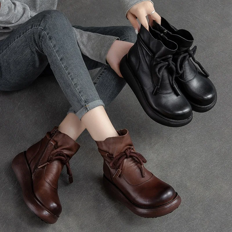 GKTINOO Shoes Women Boots 2024 New Winter Genuine Leather Handmade Round Toe Zip Sewing Wedge Shoes Ankle Platform Boots