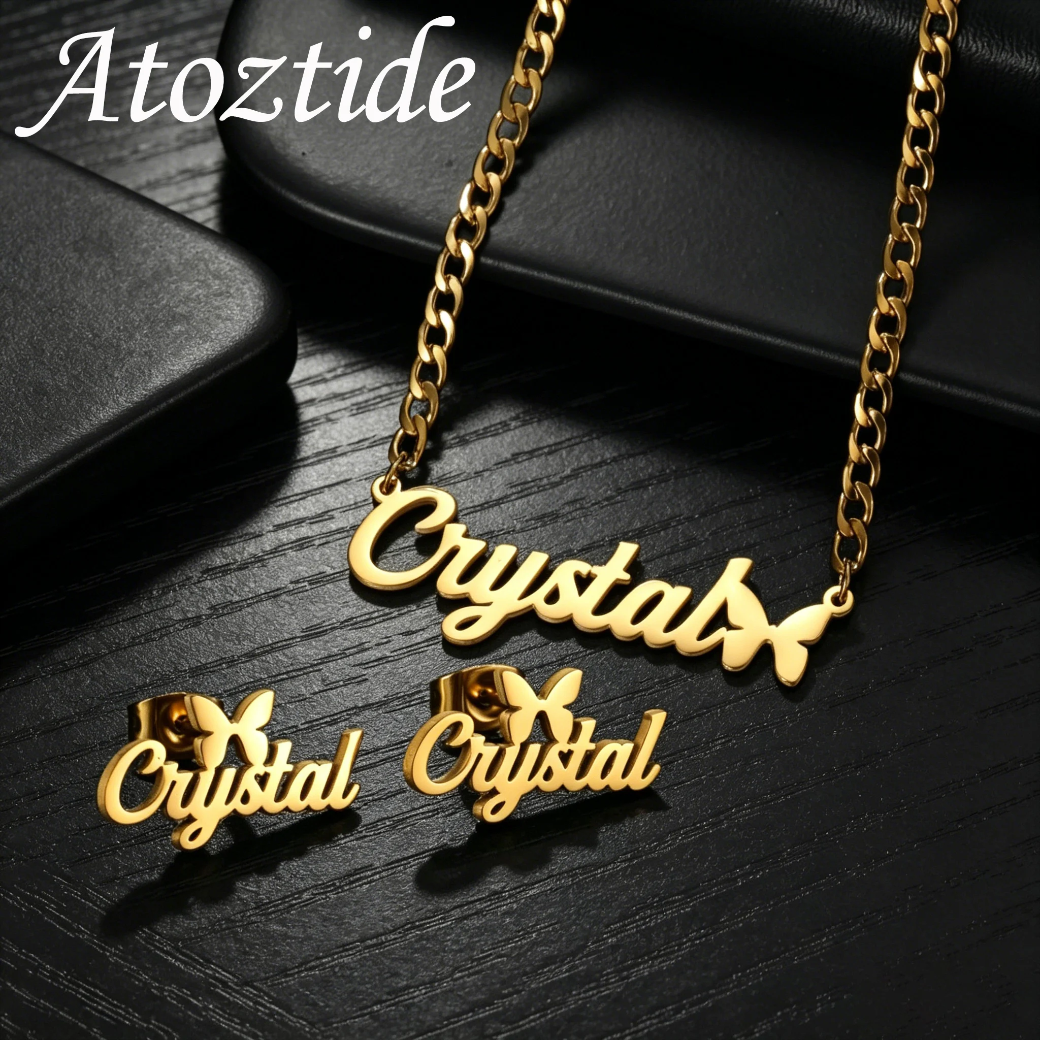 

Atoztide Custom Name Necklace Stud Earring Jewelry Set Personalized Butterfly Stainless Steel Cuban Chain Women Birthday Gift