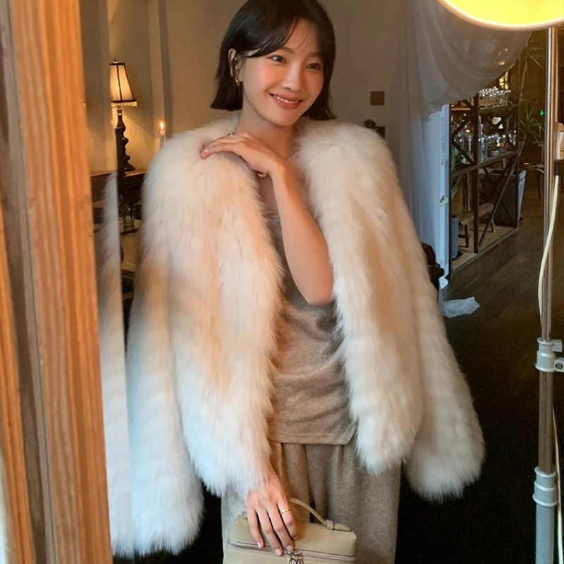 YOLANFAIRY 천연 여우털 코트 여성 겨울 따뜻함 V넥 긴팔 우아한 한국 스타일 천연 여우털 자켓 여성 2025