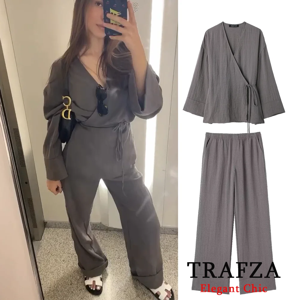 

TRAFZA Casual Solid 2 Piece Women Set Fashion 2024 Summer Texture Long Sleeve Kimono-Style Outerwear+Pajama Pants NightWear Suit