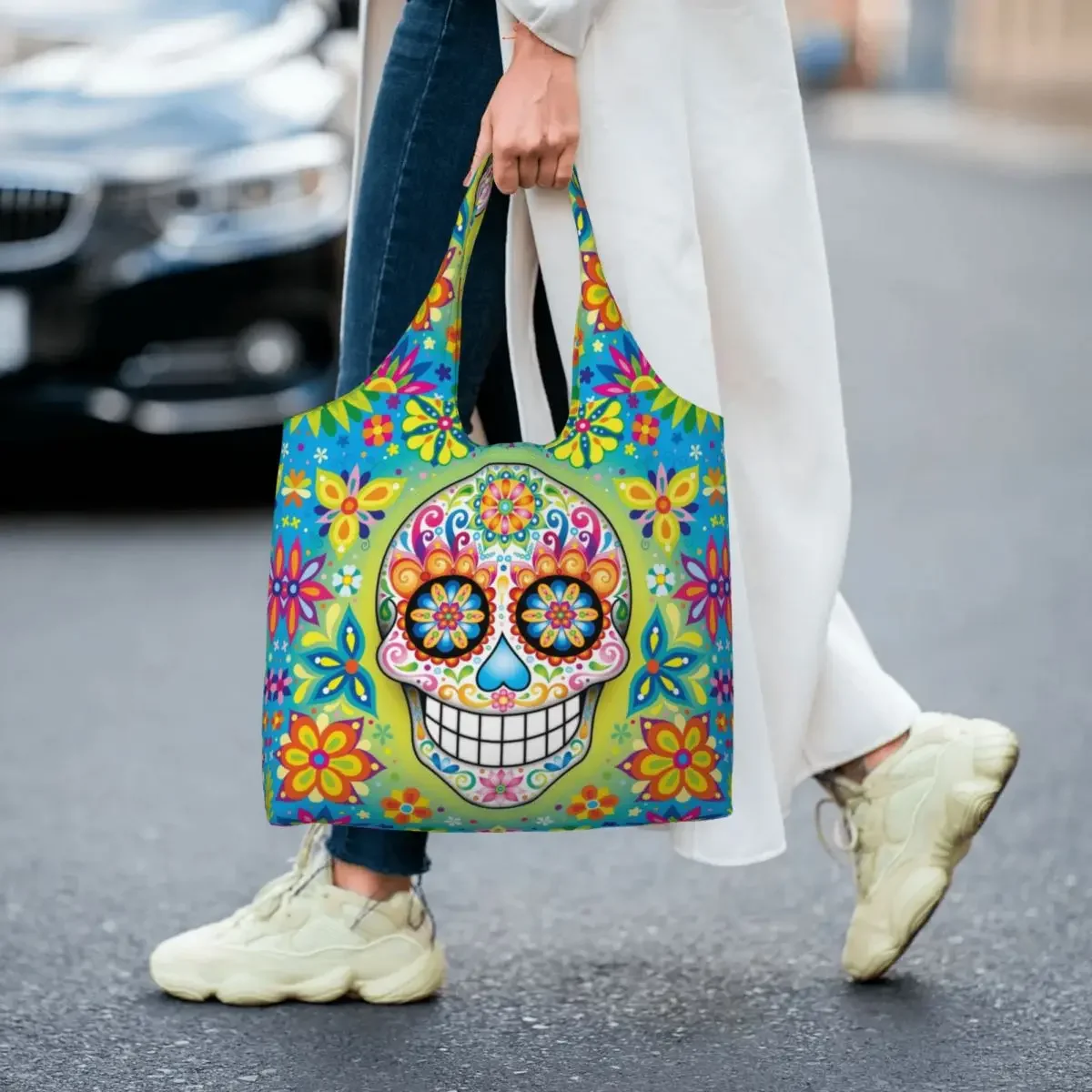 Day Of The Dead Sugar Skull Canvas Shopping Bag Women Recycling Large Capacity Grocery Halloween Mexican Flowers Shopper Tote Bags