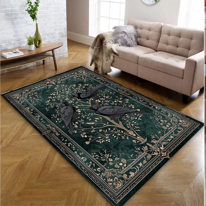 سجادة قوطية خضراء داكنة مع أشجار الأزهار وأنماط الطيور، دمشق القرون الوسطى خمر الطابق الفن الأزهار الغراب الخفافيش، السجاد المنزل ديكو #2