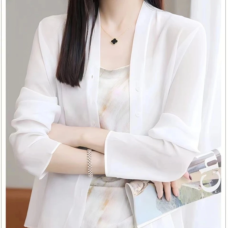 Summer Thin Perspective Simplicity Casual Blouse Long Sleeve Solid Loose Elegant Shirt Tops Fashion Temperament Women Clothing