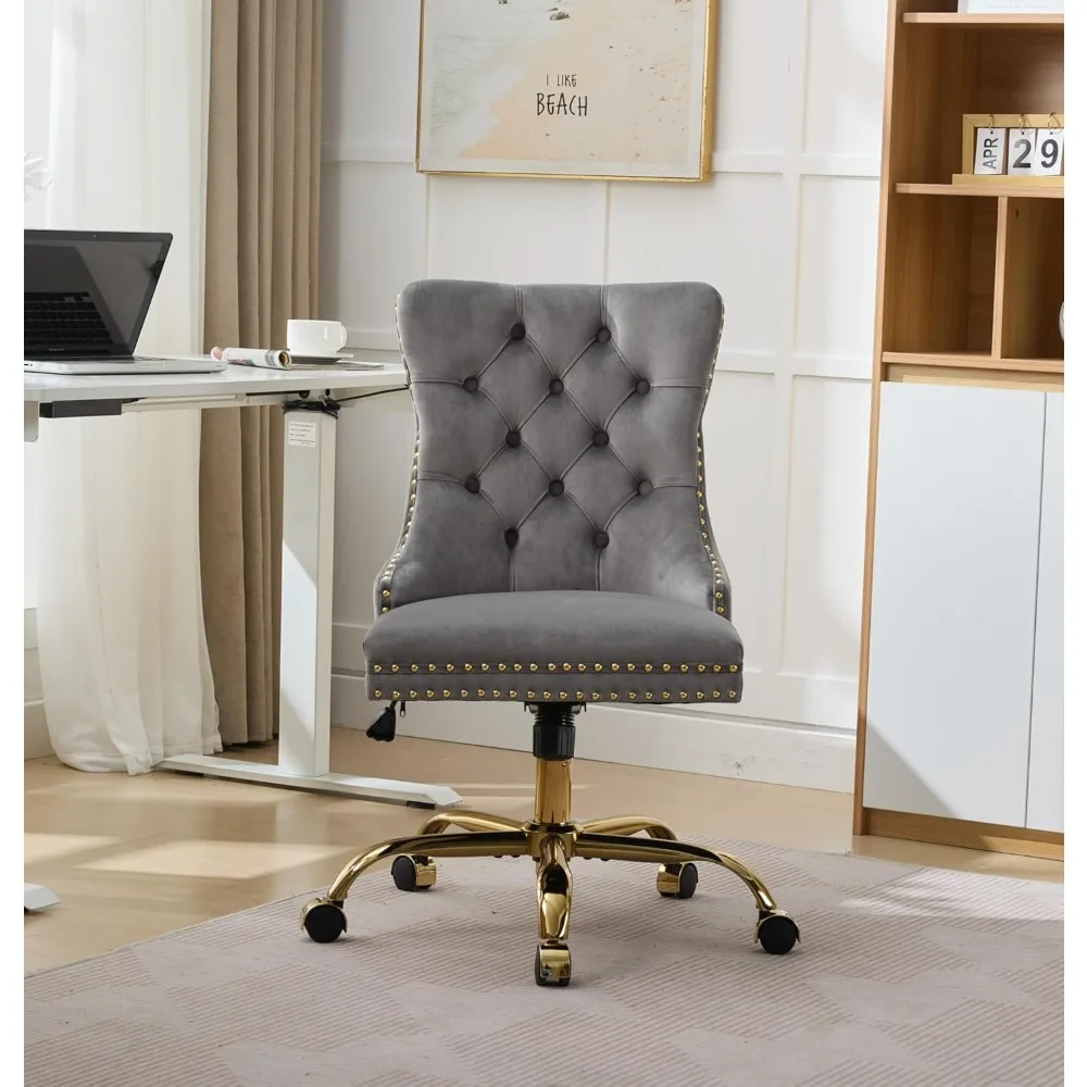 

velvet tufted button upholstered swivel adjustable office chair with golden metal base for desk and kitchen use