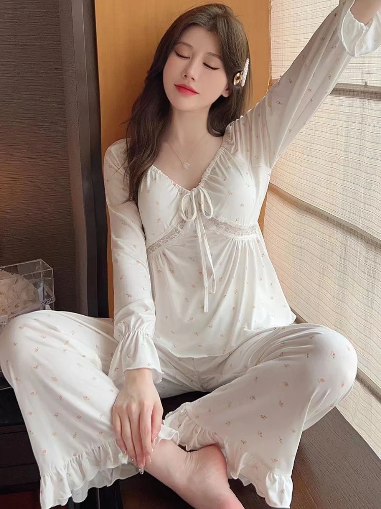 Conjuntos de pijama feminino primavera verão simples confortável oco rendas com decote em v manga longa impressão doce adorável casual fahsion casa