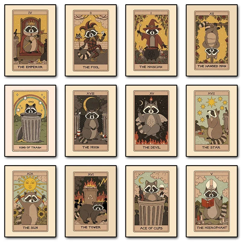 Raccoons Tarot Card Poster The Fool Devil Tower Lovers Tarot Canvas Painting Retro Wall Art Print Pictures for Room Home Decor