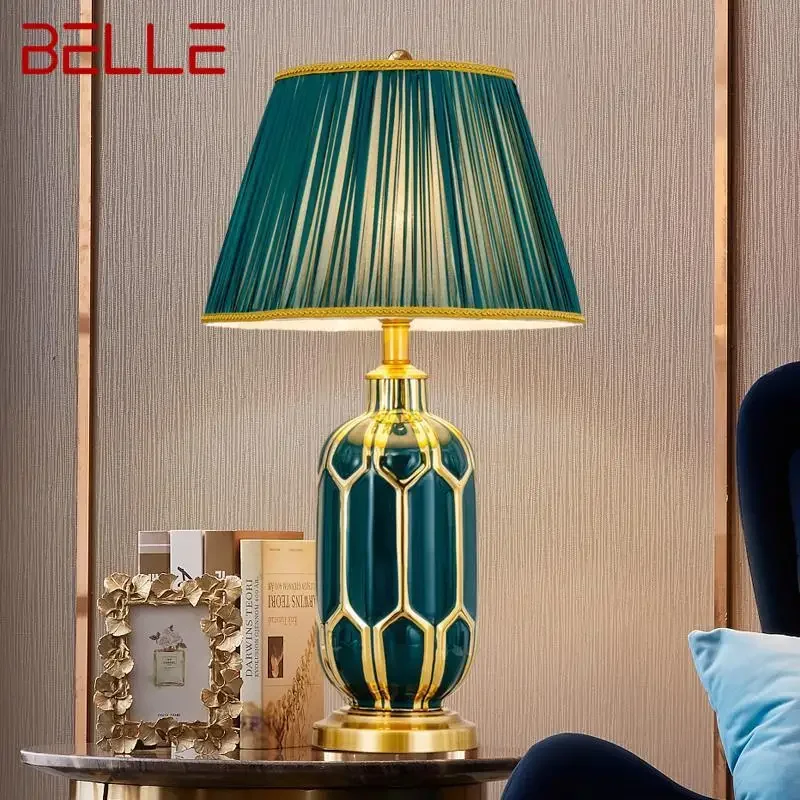 BELLE Modern Ceramics Table Lamp LED Simple Creative Green Nordic Bedside Desk Light for Home Living Room Bedroom Decor