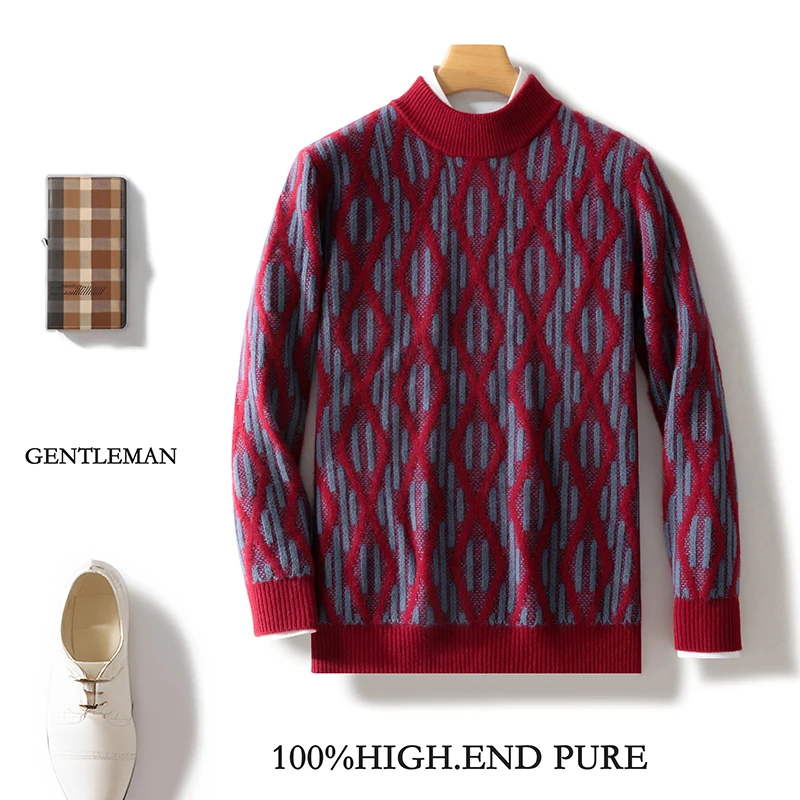 100% lana merino moda base collo a lupetto maglione color block maniche lunghe pullover allentato cashmere morbido caldo abbigliamento da uomo Top