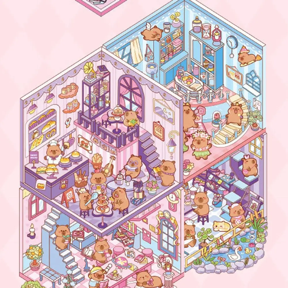 10 in 1 風景ステッカーブック 漫画カピバラ小屋シーン装飾デカール 自由組み合わせDIY小屋シーンポケットステッカー