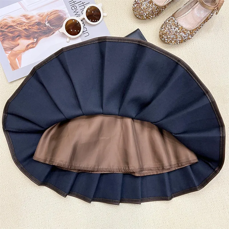 2024 Spring Autumn Toddler Dress Fashion Kids Girl Brown/Black Faux Leather Skirts High Quality Pleated PU Skirt For 2-8 Years