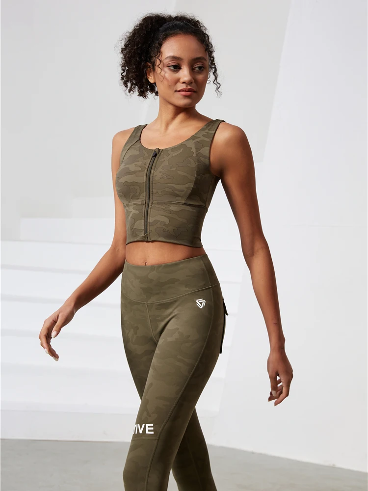 Soutien-gorge de sport à haut soutien pour femmes, haut push-up, fermeture éclair avant, rembourré, vêtements actifs, camouflage, yoga, fitness, 2022