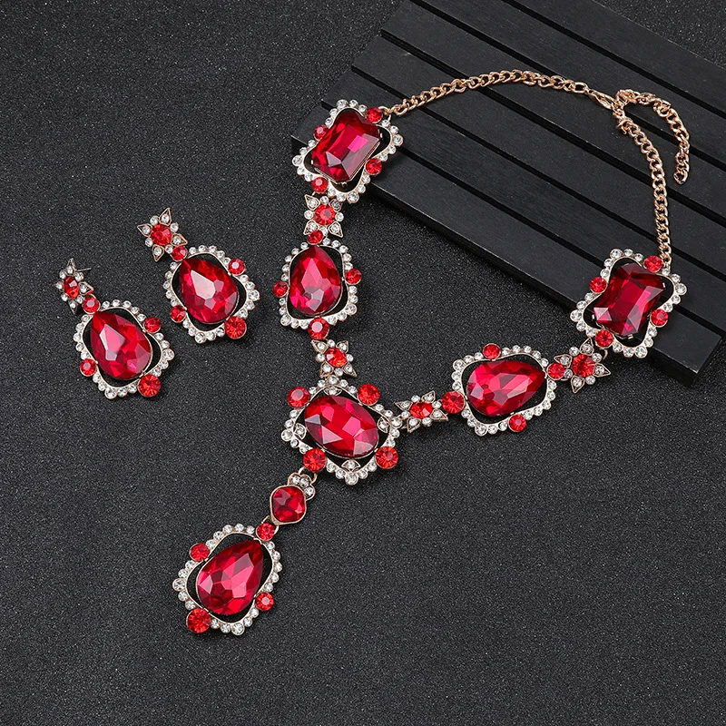 Luxury Big Rhinestone Bridal Jewelry Sets for Women Geometric Crystal Pendant Necklaces Earrings Set Wedding Costume Jewelry Set