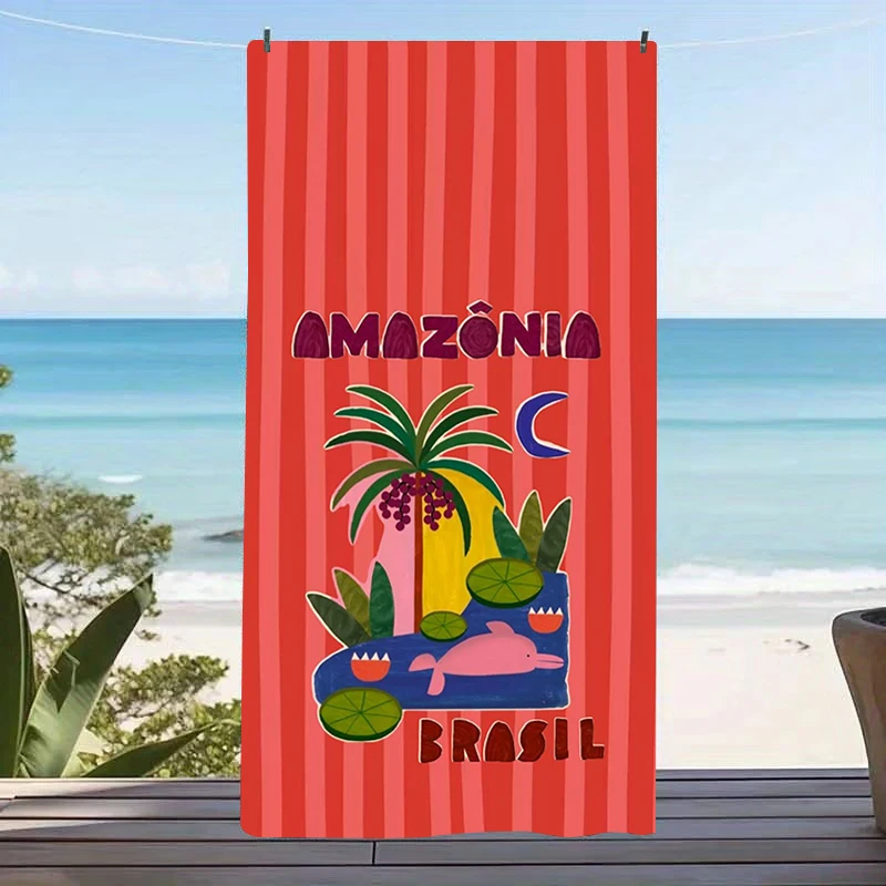 Toalla de playa de microfibra Amazonia Brasil con gráfico de palmera tropical, manta de baño, toallas de piscina a rayas rojas vibrantes para viajes