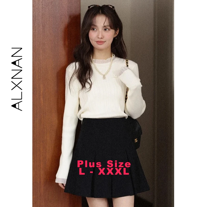 

ALXNAN женский пуловер больших размеров с кружевной вставкой и бантом, пуловер с длинными рукавами, осень 2022, новые облегающие повседневные вязаные топы, женские D57829