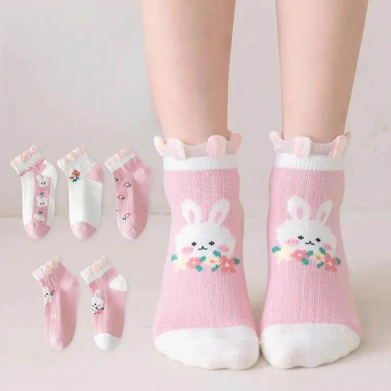 【BS】5 Pairs Pink Trendy Versatile Lace Mid-Calf Socks With Color-Blocking Rabbit And Floral Patterns Children's Socks For Girls