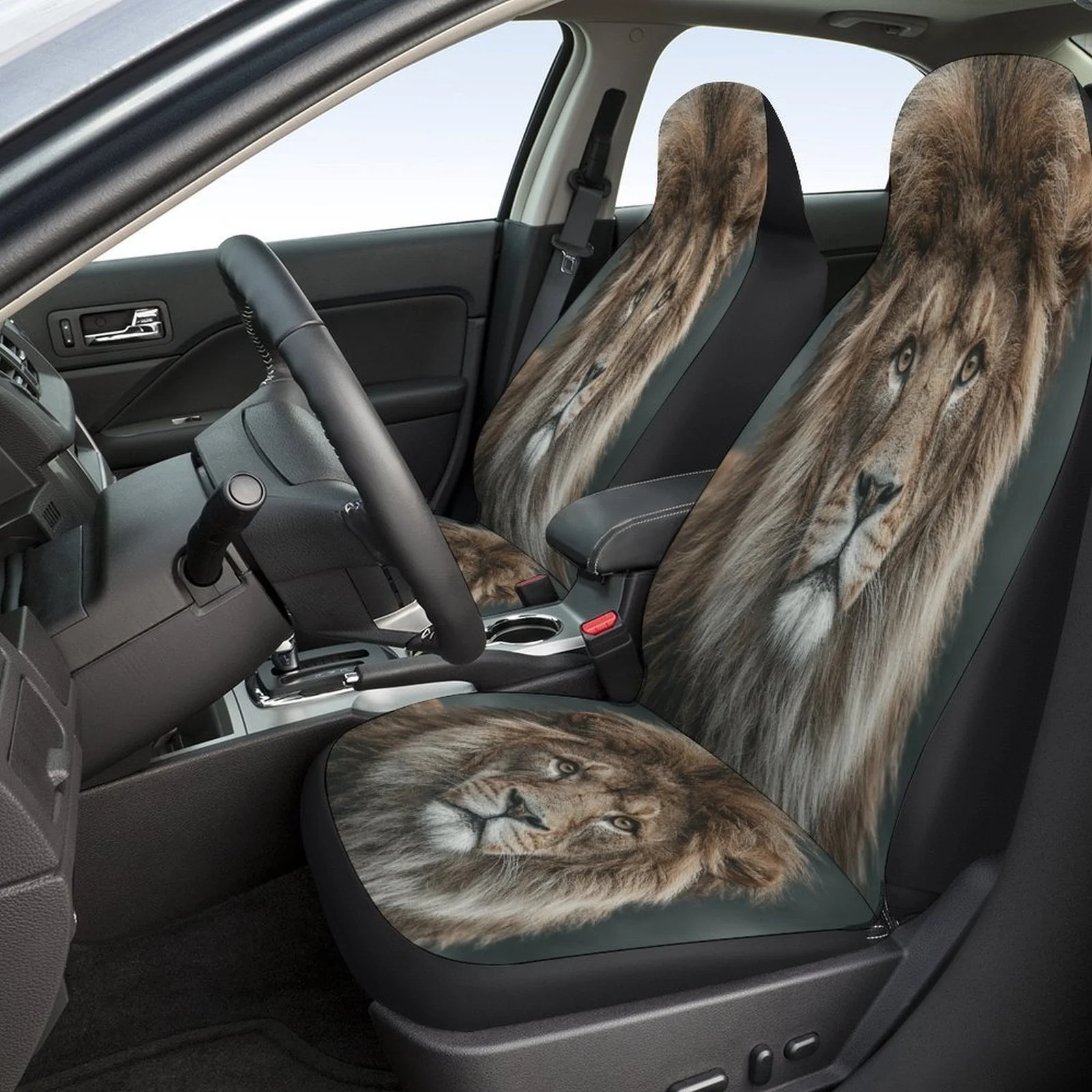Lion Portrait Designed Car Seat Cover Set For Most Cars, Trendy Novelty High-quality Car Seat Protector Covers Full Set, Univers