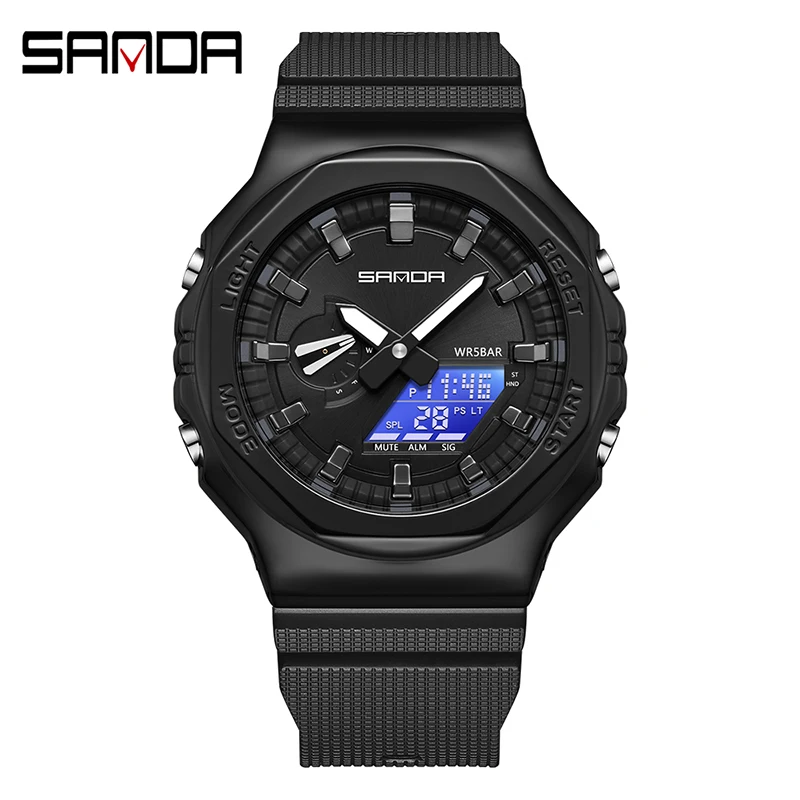 Sanda Top Luxury Brand Men’s Watches Dual Display Electronic Waterproof Sport Watch  Breathable Strap Fashion Outdoor Wristwatch