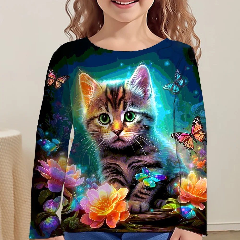 Kinder Kleidung Mädchen T-Shirts Top Langarm Kinder T-Shirt Nette Katze Drucken Casual Kinder Sommer Herbst Kleidung Mädchen Kleidung – Detail 7