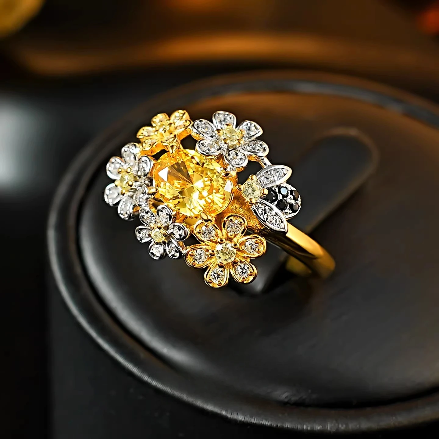 

925 sterling silver ring, exquisite edition, oval yellow zircon flower ring, women's sweet and lovely jewelry