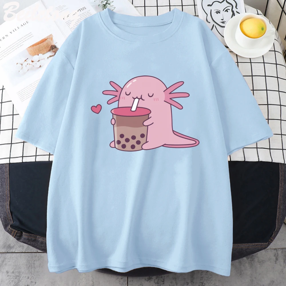 Cute Salamander Newt Bobo Milk Tea T Shirt Womes Tops Cute Printed 100% Cotton O-neck Summer Causal Tshirt Harajuku Tees Cartoon