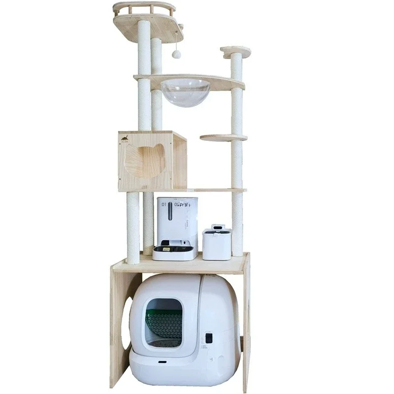 

The cat litter box and toilet cabinet can be placed on the upper shelf, and the large solid wood cat climbing
