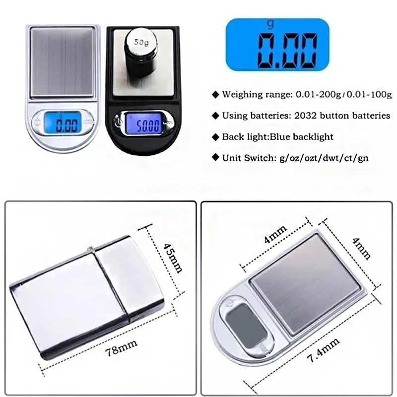 Imagem -04 - Balança Eletrônica Mini Bolso Isqueiro Alta Precisão Digital Comida Jóias Gem Cozinha Ferramenta de Peso 100g 200g