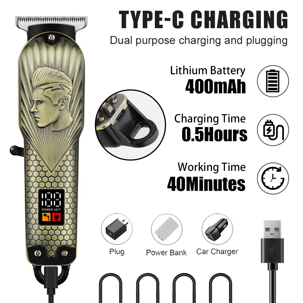 

HIENA Cordless Electric Hair Clipper Set Vintage Antique Brass Relief Hair Beard Shaver LED Display Salon Barber Razor Trimmers