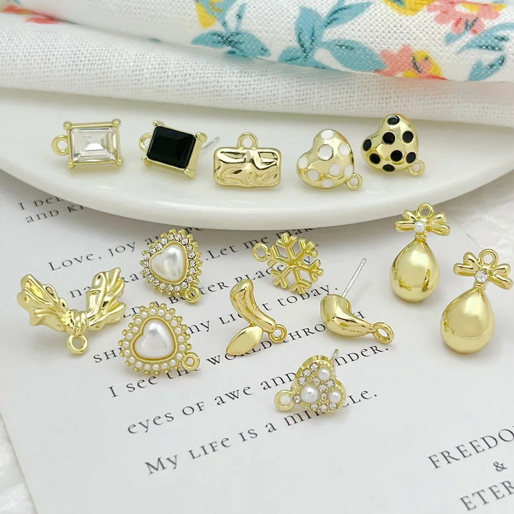 10pcs Handmade Love Heart Earrings Base Golden Color Dot Round Flower Stud Earrings Connectors Diy Earring Settings Accessories