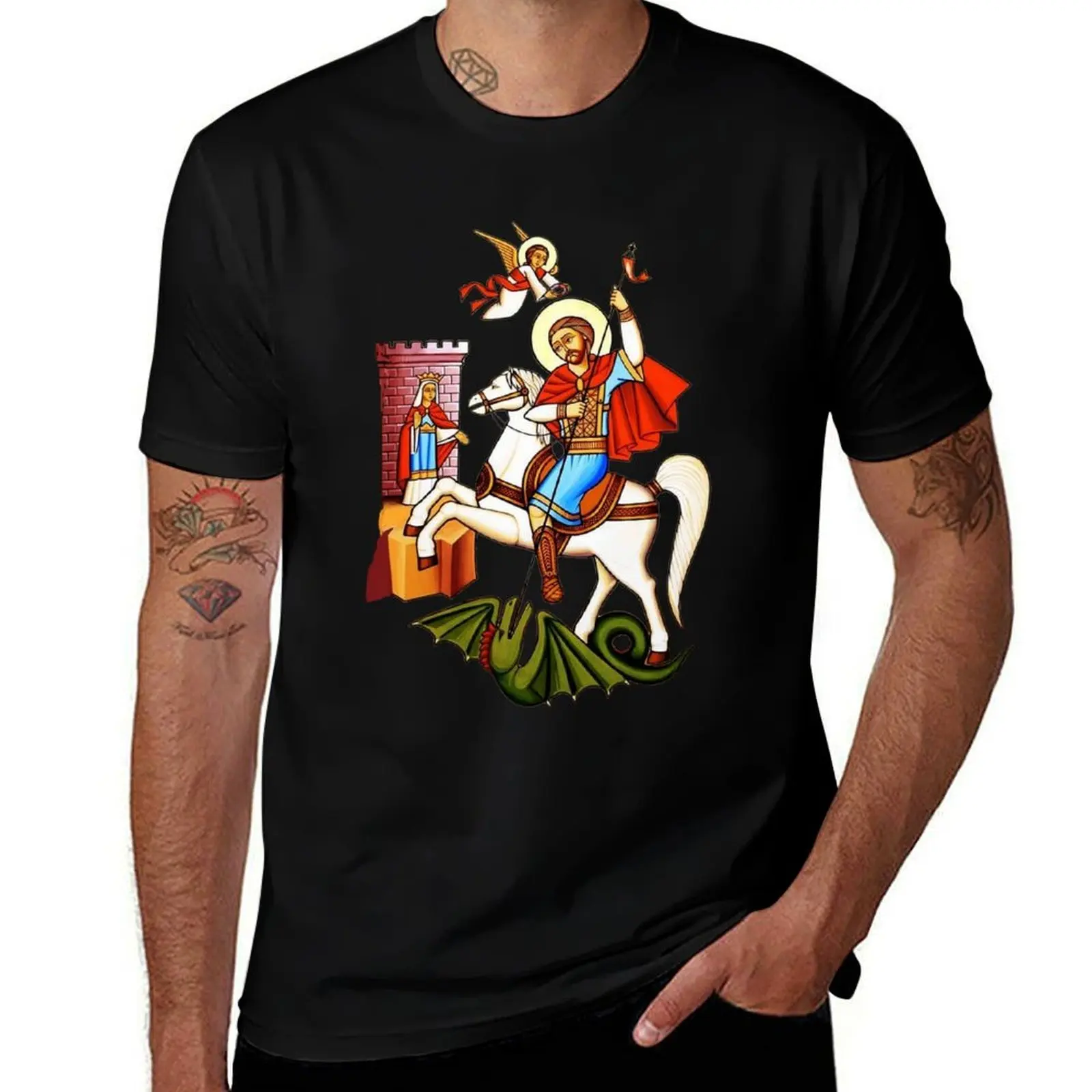 Coptic art, Saint George the martyr. Egypt Coptic Church. T-Shirt Large Size Soft Cotton T-Shirt