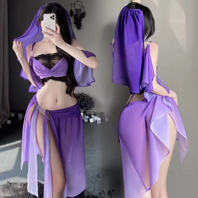 ชุดยอดกระโปรงสุดเซ็กซี่จาก Hanfu ชุดจีนโบราณคอสเพลย์นางฟ้าเต้นรำสีม่วงชุดเดรสชั้นในลูกไม้ใหม่