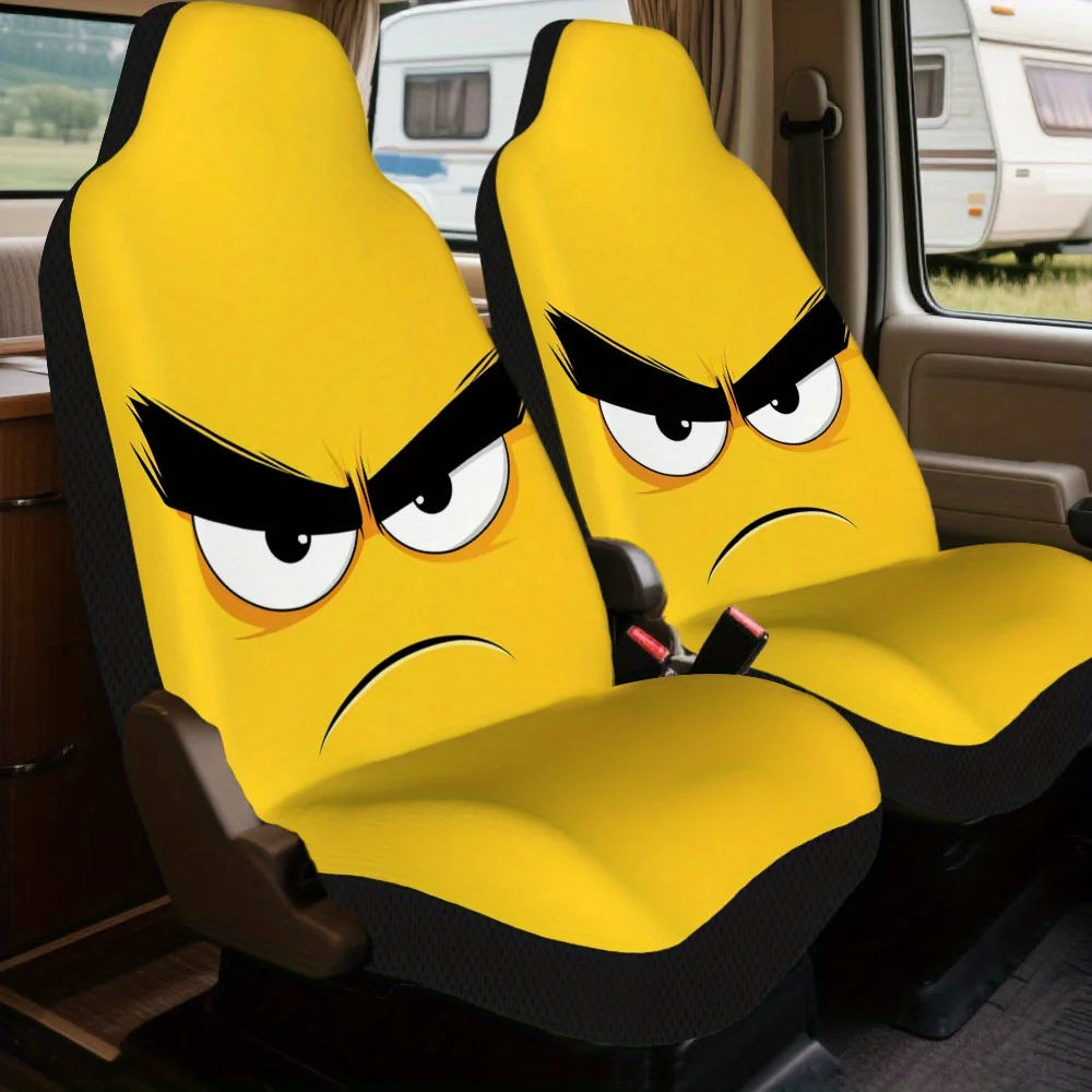 2pcs  Car Seat Covers Set Cartoon Angry Face Print, Premium Vehicle Seat Covers Stylish Design Fits Daily Commutes