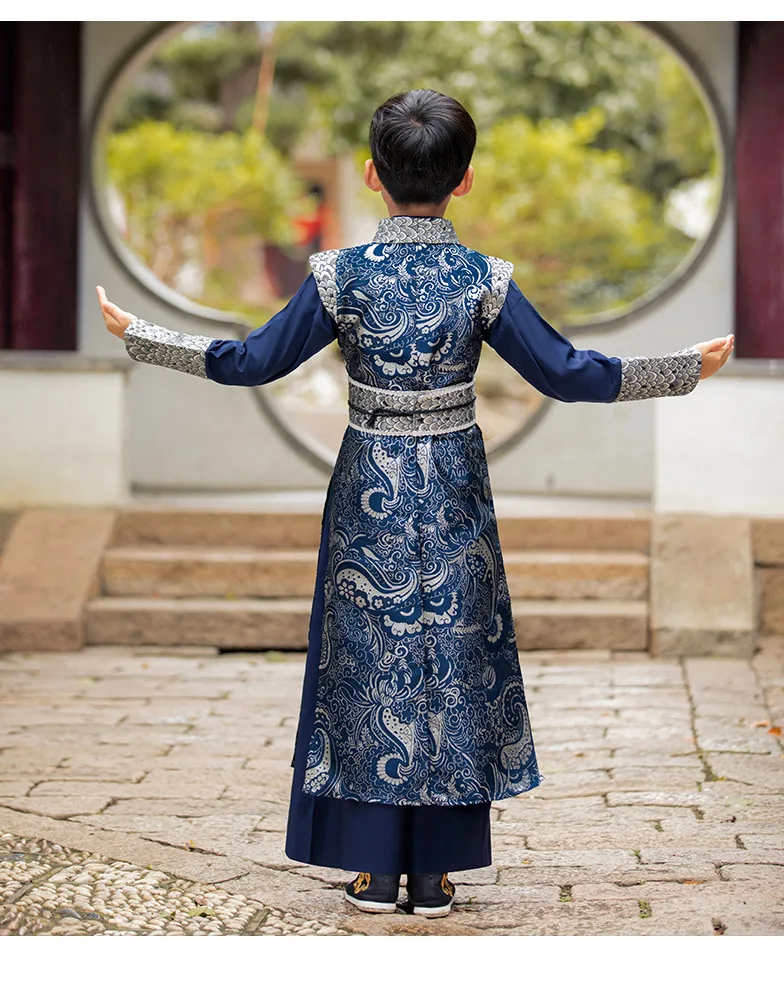 Fato de brocado acetinado para crianças de meia idade, cavaleiro tradicional chinês-Erram, Hanfu infantil melhorado, primavera