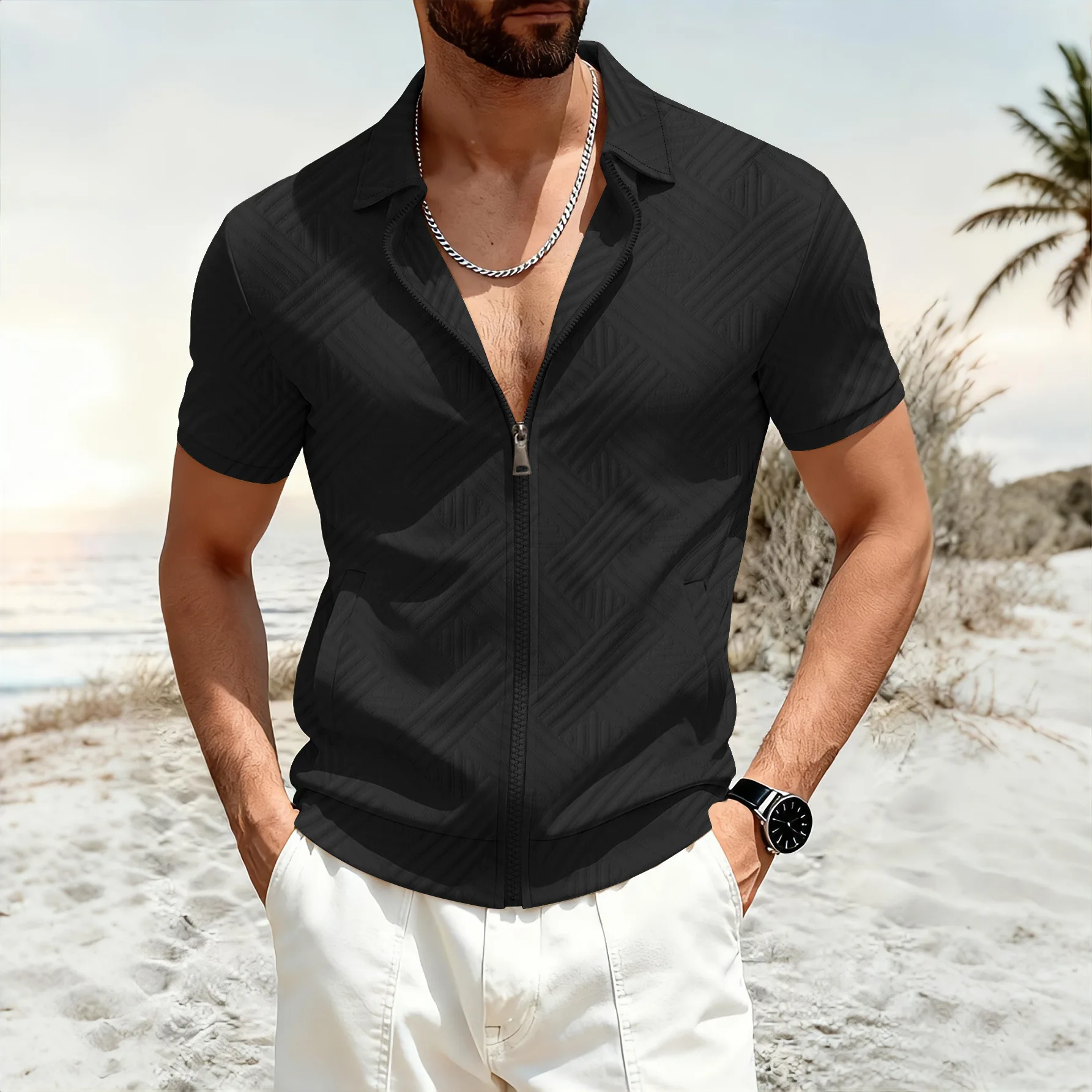 Men's Lapel Jacquard T-shirt Spring Summer American Fashion Zipper Short Sleeved Tops Casual Simple Solid Color Male Jacket Tees