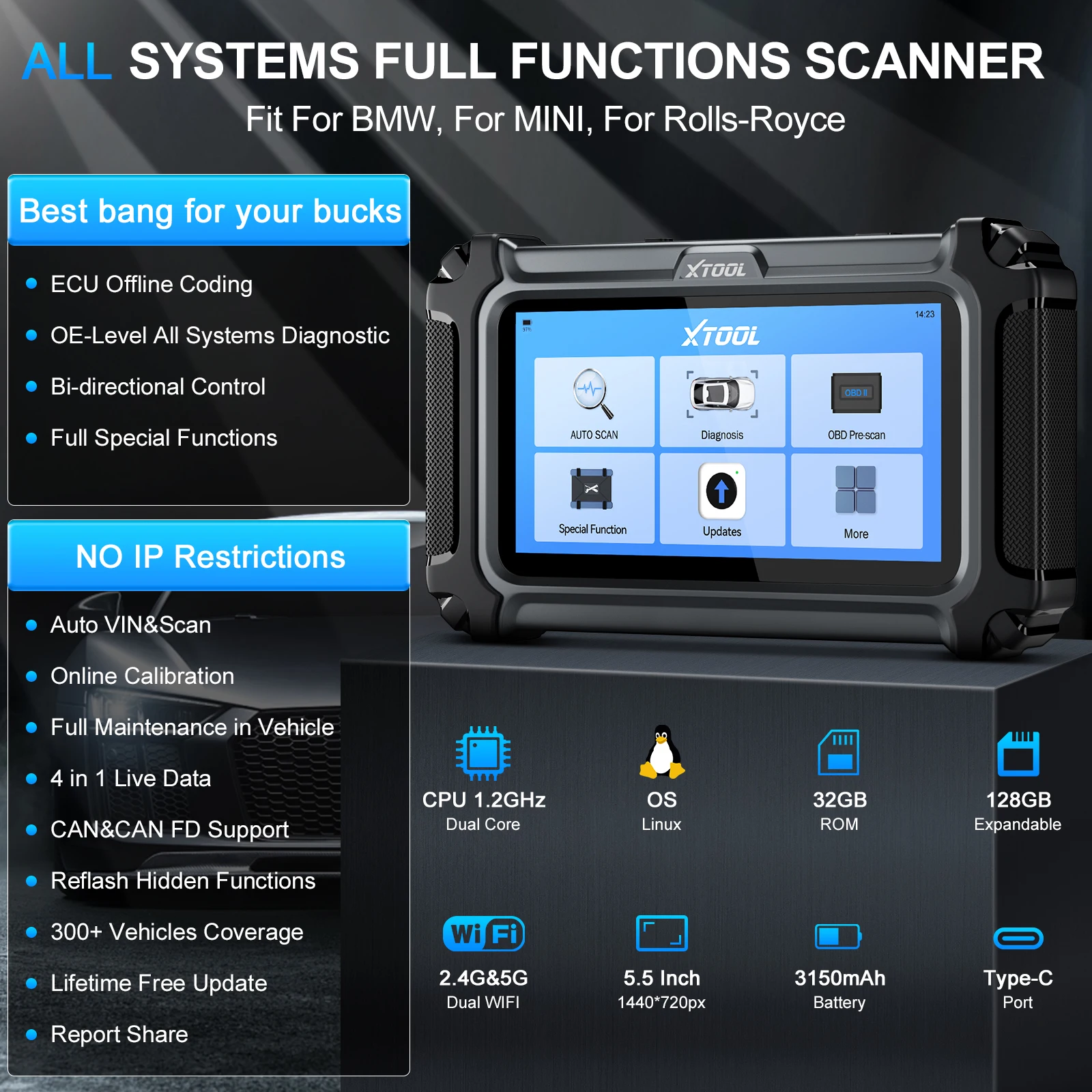 XTOOL IP500-BMR Active Test OBD2 Scanner,For BMW, MINI,And Rolls-Royce,ECU Coding ,23+Services ,Lifetime Free Update Scan Tool