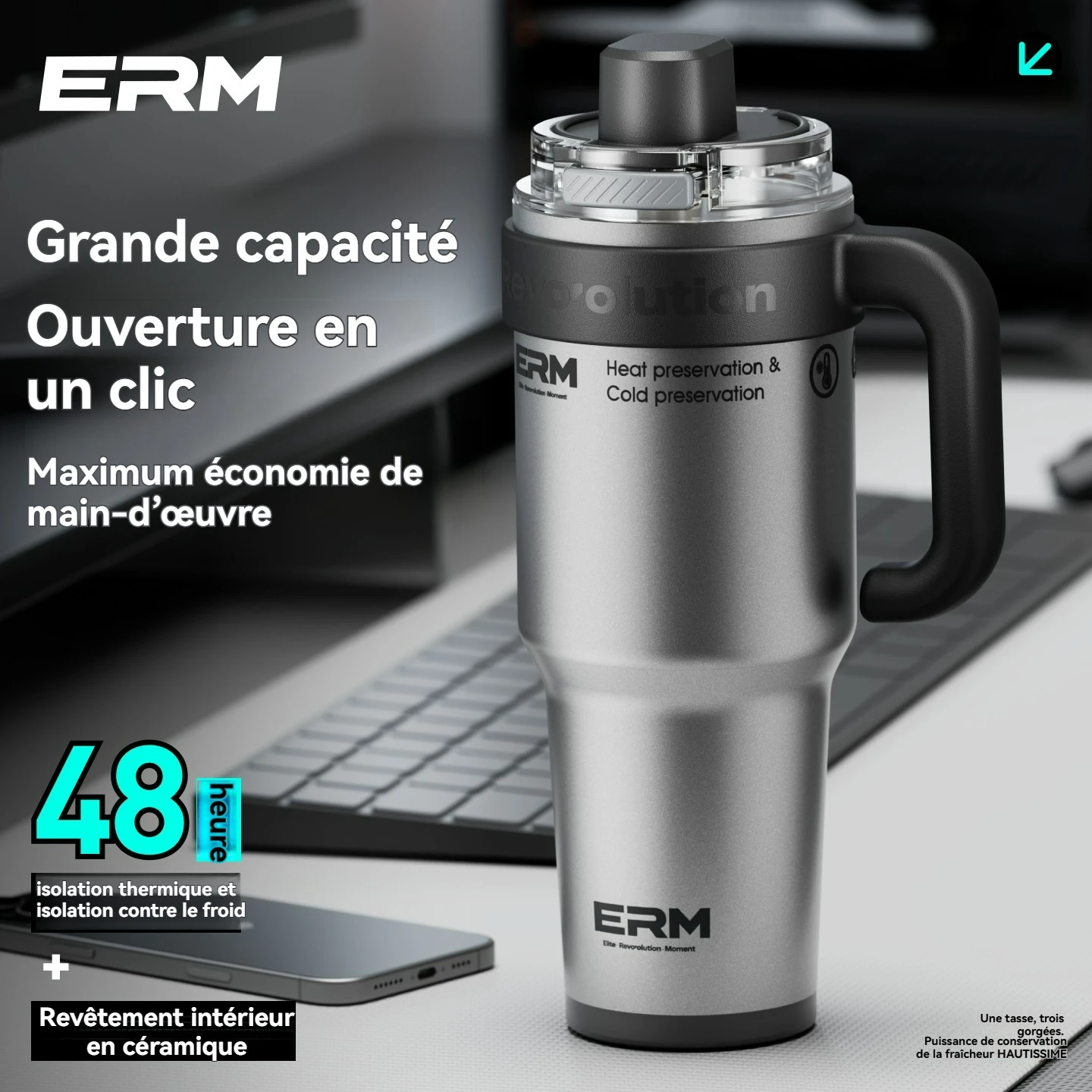 Bouteille d'eau isotherme en céramique extra-large de 1200 ml avec paille et poignée, anti-fuite, en acier inoxydable